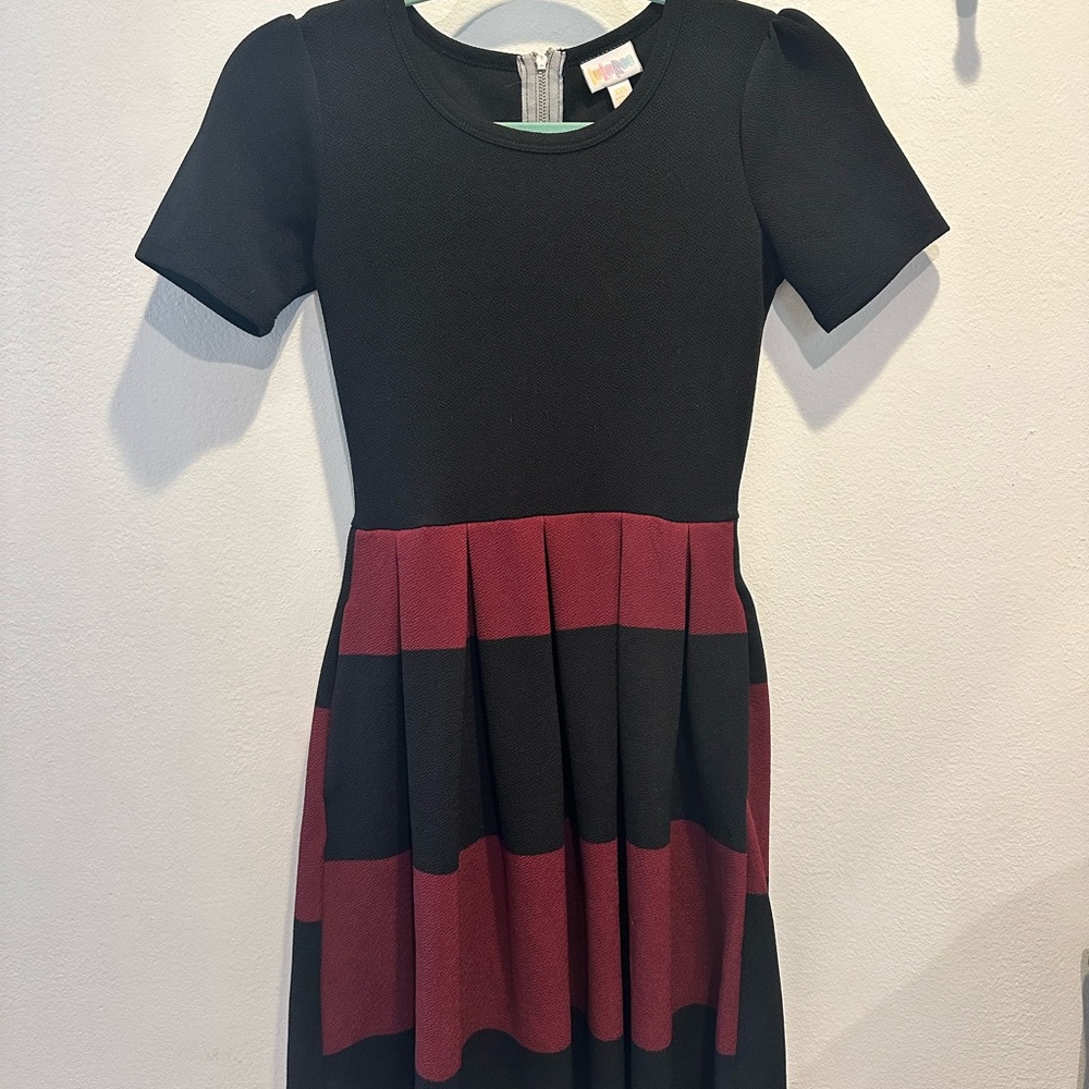 LuLaRoe Black and Burgundy Striped Mini Dress